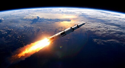 A large rocket ignites its engines and ascends into space above planet Earth with dramatic fire and smoke trailing behind