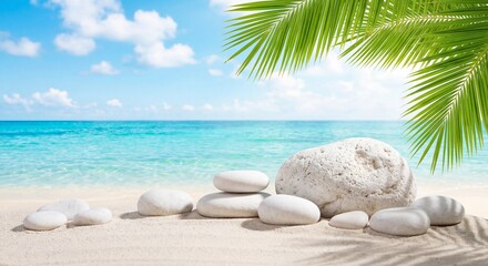 Obraz premium Smooth white stones are arranged on a sandy beach with clear blue ocean water and palm leaves overhead