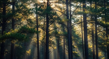 Obraz premium Peaceful morning light filtering through the high pine forest canopy, emphasizing tranquility and fresh, crisp mountain air, remote, rocks, wilderness