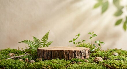 A natural wood slice podium rests on moss and surrounded by green plants and pebbles with soft dappled light