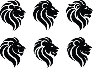 Set of Minimalist black lion head with flowing mane silhouette vector icon © Vector.com
