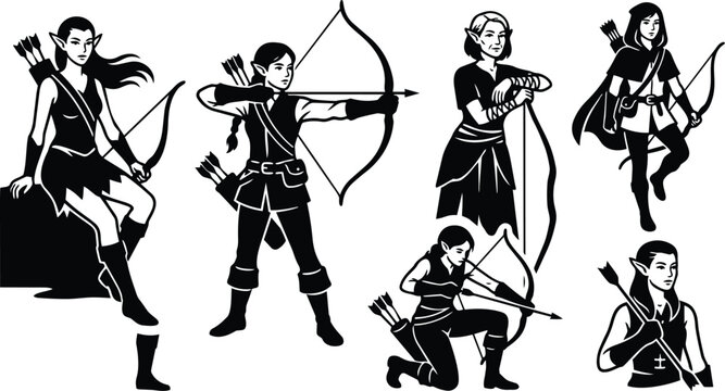 Minimalist black vector elf archers in various poses aiming and drawing bows with quivers cloaks close up and full body silhouettes dramatic flat high contrast studio