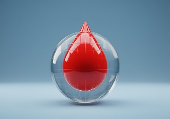 Obraz premium 3D rendering of a red teardrop shape inside a transparent glass sphere on a blue background symbolizing emotions and feelings