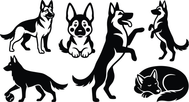 Minimalist icon sheet of german shepherd dog silhouettes in multiple poses standing sitting jumping playing with ball sleeping lying down front face close up monochrome vector