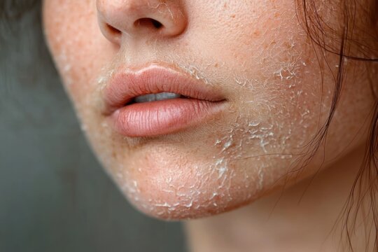 close-up of dry flaky chin skin with fine facial hair conveying discomfort and sensitivity