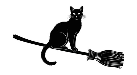 Black Cat Silhouette Riding Broomstick, Halloween Witchcraft Concept © nad