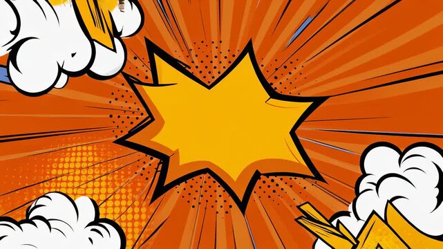 Pop art comic strip radial animation, bright orange background with dynamic moving lines