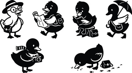 Minimalist black and white vector art close up travel duckling wearing hat and glasses reading map walking with satchel camera and umbrella low angle playful illustration