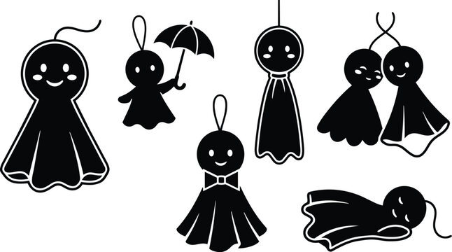 Minimalist black teru teru bozu vector art close up smiling hanging dolls one holding umbrella bowtie character set flat design isolated white background friendly simple silhouette