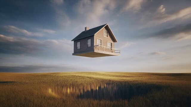 Whimsical house floats serenely above golden wheat field under blue sky