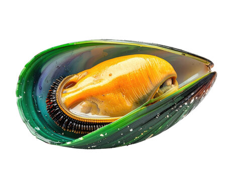 Close-up of vibrant green mussel shell cradling plump orange meat on black
