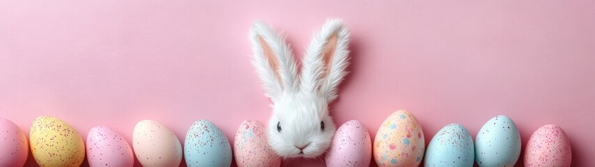 Obraz premium fluffy white bunny peeking between pastel speckled eggs on a pink background, playful and cheerful spring scene