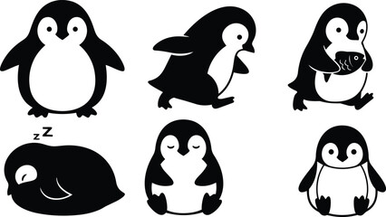 Fototapeta premium Minimalist black and white penguin icon set showing waddling running sliding sleeping and holding fish characters in flat vector art overhead and close up views playful