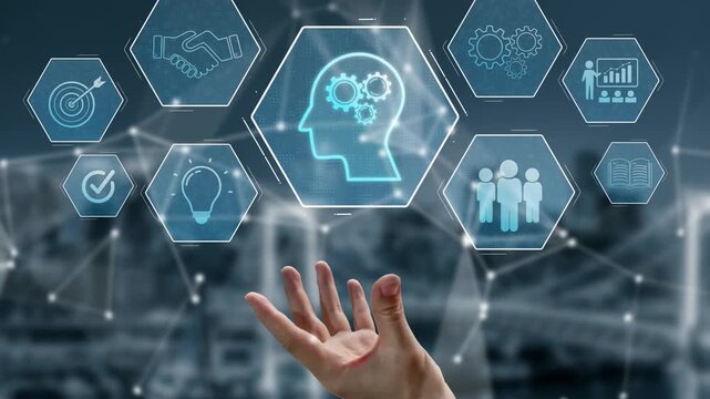 Head with gear and icons representing learning, digital training, and development process, showing skill growth for human or AI systems through knowledge or task optimization Marrow