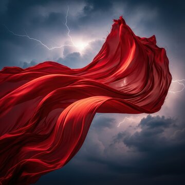 A massive, bright red cloth violently whips and twists in the harsh, unpredictable wind against a desolate, dramatic, and stormy sky, chaos, turbulent, whipping