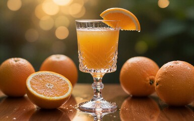 Fototapeta premium Fresh orange juice in a glass garnished with citrus slice and