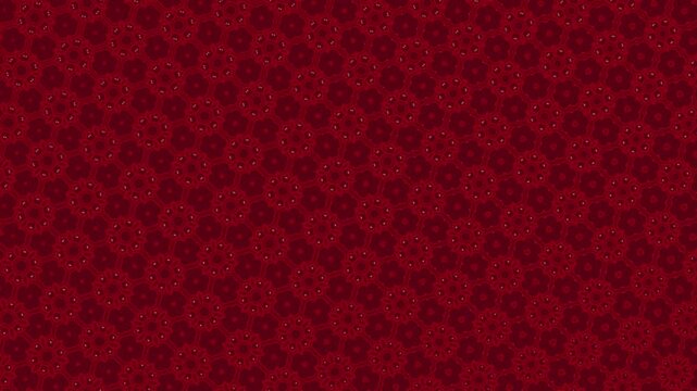 Elegant deep red video pattern with repeating floral motifs and geometric accents, rhythmic pulsing, flowing symmetry and subtle golden shimmer creating organic motion, seamless loop.