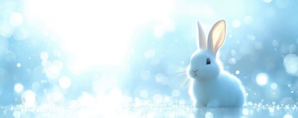 Obraz premium small white rabbit with soft fur and upright ears sitting on a sparkling reflective surface against a dreamy blue bokeh background, evoking calm wonder and innocence