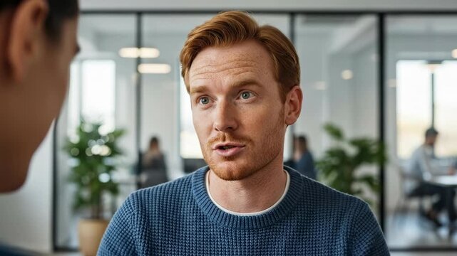 Redhead man giving constructive criticism during a feedback session in a modern office environment