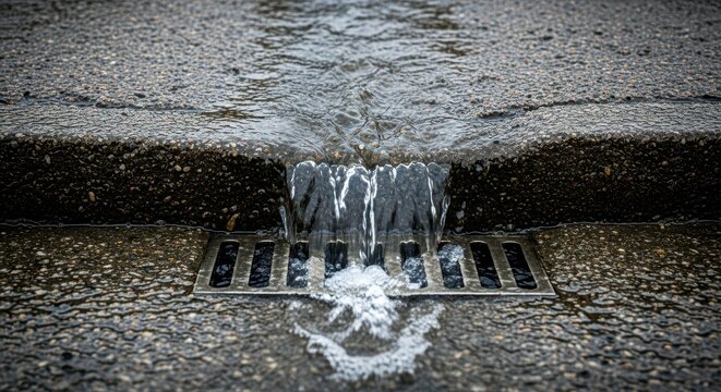 Heavy rainwater runoff streams quickly over rough gray concrete pavement and into the drainage system during a sudden storm shower, wet, liquid, curb