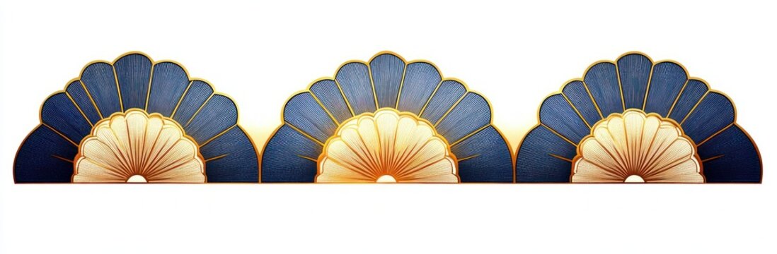 Three navy and gold scalloped fan-shaped decorative motifs on white background, elegant gilded ornamental border with textured metallic detailing and serene luxurious mood