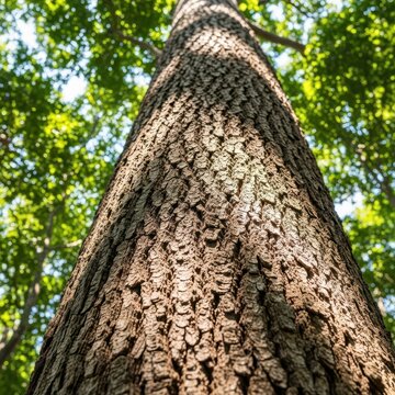 Rough, thick bark texture covers the massive, sturdy bole trunk reaching high into the humid, dense forest canopy on a sunny afternoon, bark, woodland, large