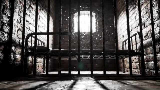 A prison cell with a bed, bars, and a light-filled window