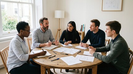 A diverse group of people sitting around a wooden table in a meeting