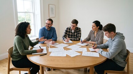 Fototapeta premium A diverse group of people sitting around a table brainstorming ideas together