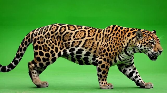 Majestic leopard walking on green background with confident stride