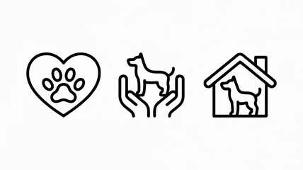 Fototapeta na wymiar Animal shelter charity icons set with heart hands holding goat and home for pets in simple line art style