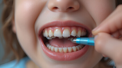 Fototapeta premium Children shark teeth, first tooth that appears in childhood behind baby teeth. Toothache. Process of removing a baby tooth. Emotions of a child