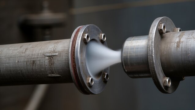 Industrial gas leak from flanged metal pipes with white steam escaping under pressure, highlighting pipeline failure, safety risks, and maintenance control in heavy industry