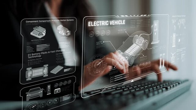 Technical layout of electric vehicle showing battery system, power control, traction motor, charging interface, and integration with renewable and smart energy sources Marrow