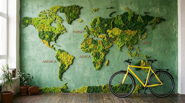 Yellow bicycle with a map of the world on a green background, world car free day ,