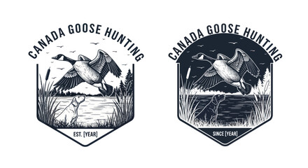 Canada Goose Hunting Emblem Emblem with Dog, Geese, and Lake Landscape © nia