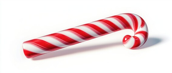 Obraz premium Glossy red and white striped candy cane lying on white background with soft shadow, evoking festive cheerful nostalgic sweetness