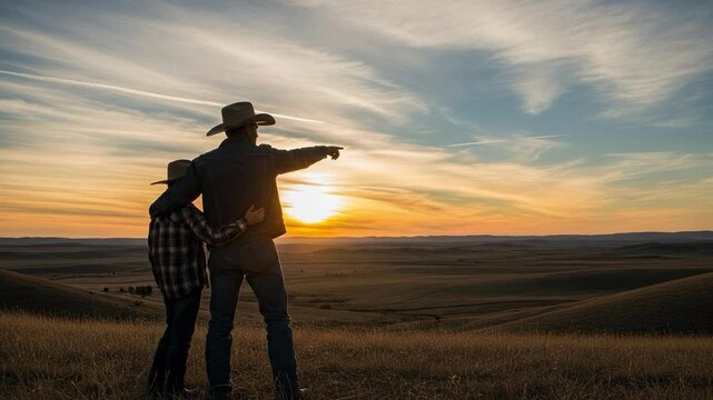 Father and Son Ranchers Watching Sunset Over Montana Plains, Generational Farming Legacy