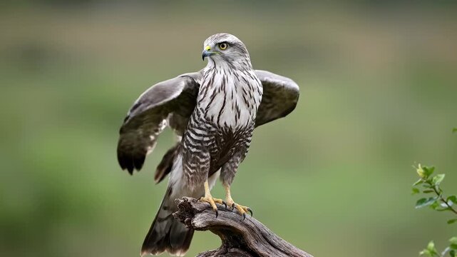 A raptor with patterned plumage perches on a weathered branch