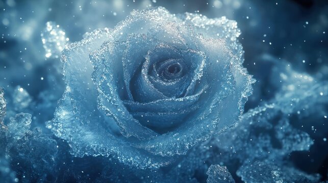 Close-up of a frost-covered blue rose with crystalline ice on delicate petals, sparkling bokeh and a serene, magical winter atmosphere