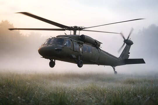 Military Helicopter Black Hawk Hovering Over Misty Grass Field at Sunrise or Sunset, Tactical Aviation in Foggy Morning, Utility Transport Aircraft Landing in Forest Clearing