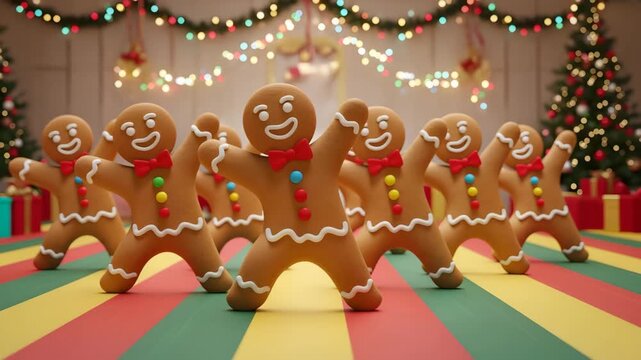 Festive gingerbread men dancing with christmas lights and decorations celebration 4K HD high quality video.
