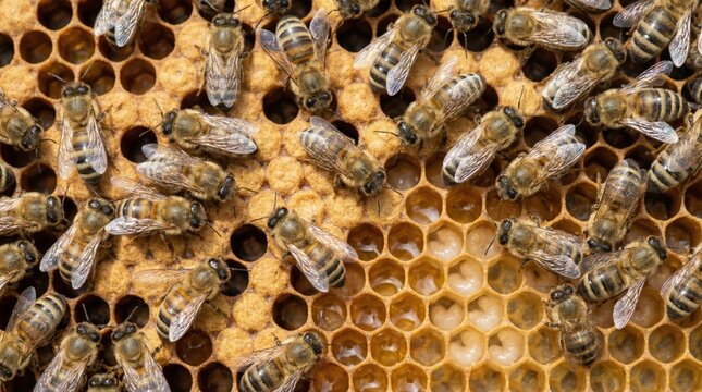 Honey bees working inside a beehive, tending honey filled hexagonal comb cells with pollen and larvae, showcasing teamwork, structure and brood care in a productive colony