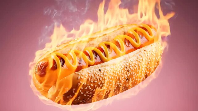 Flaming hot dog bun with mustard ketchup grilled sausage on fire juicy fast food concept 4K HD high quality video.
