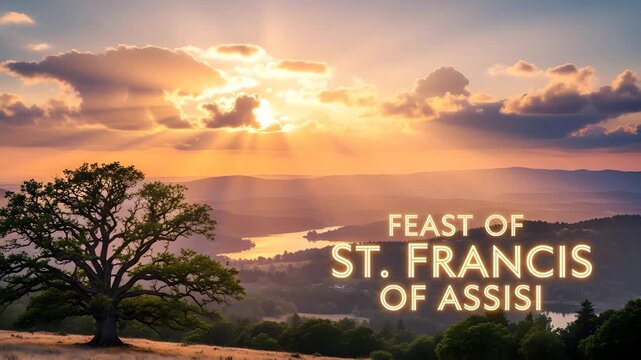 Feast of st francis of assisi sunrise landscape with sunburst sky religious holiday nature 4K HD high quality video.
