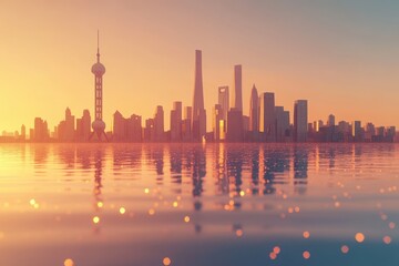 Fototapeta premium golden hour over a modern city skyline with tall skyscrapers and a distinctive tower reflected on calm water, tranquil dreamy warm atmosphere