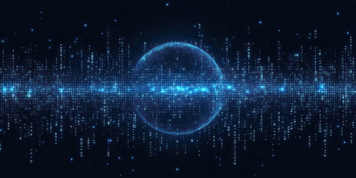 glowing digital sphere intersected by a horizontal stream of binary digits and vertical code columns against a dark background, futuristic and mysterious