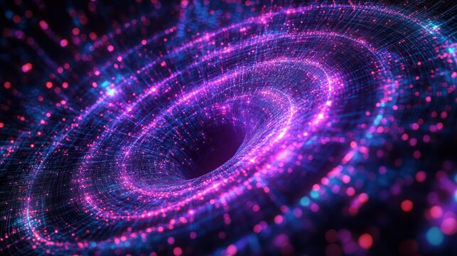 Hypnotic neon vortex of glowing purple and blue particles and wireframe grid forming a swirling digital tunnel evoking motion, energy and futuristic wonder