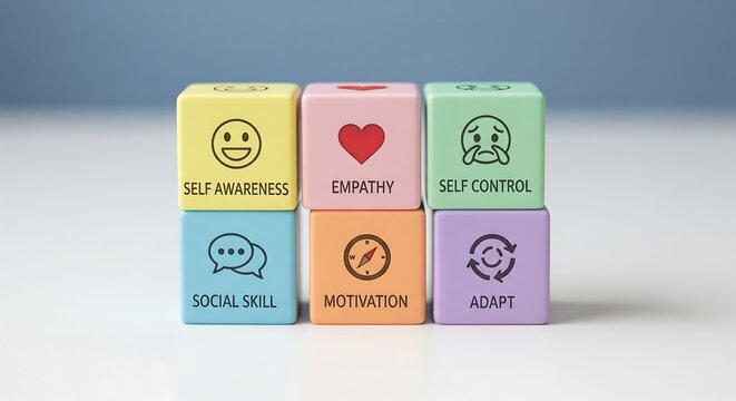Six colorful blocks representing key emotional intelligence skills: Self Awareness, Empathy, Self Control, Social Skill, Motivation, and Adaptability.