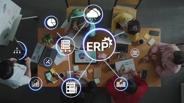 ERP icons show management, integration, and business process. ERP supports data management, ERP efficiency, and ERP organizational solutions. Funnel